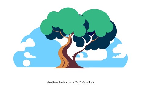 Árbol con un fondo celeste y nubes, curvas de Vector lisas y limpias, Arte vectorial, diseño surrealista plano colorido, arte ambiental