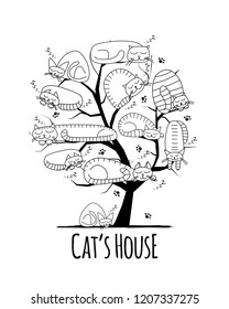 Tree with sleeping cats, sketch for your design