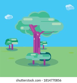Dibujo de dibujos de dibujos de árboles y pequeños arbustos, diseño de ilustraciones vectoriales con hojas verdes frescas de estilo plano.