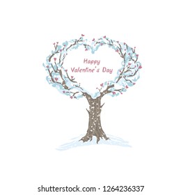 Tree in the snow with a crown of the heart. Isolated on white background, stylized tree.