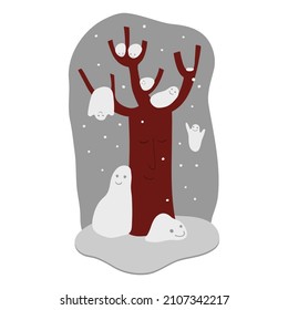 A tree in the snow. A fairy-tale character. Vector winter illustration.