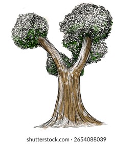 tree with snow hand drawn illustration for architecture asset of plant flora and wild life poster or banner lineart flat vector illustration isolated on white background