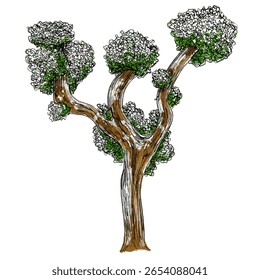 tree with snow hand drawn illustration for architecture asset of plant flora and wild life poster or banner lineart flat vector illustration isolated on white background