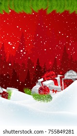 Tree with snow on a red Christmas background