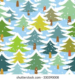 Tree in snow seamless pattern. Snowstorm in forest. Snow on trees repeating background. Retro fabric texture. Christmas natural background