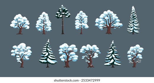 Tree snow. Winter frosty forest, snowy woodland. Ice scene. Wood park with snowflake. Scenery cartoon isolated elements set, design icons landscape. Vector coniferous and deciduous plant illustration