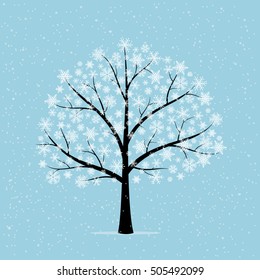 Tree in snow. Winter landscape on a blue background. Vector illustration.