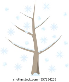 Tree with snow in winter, snowflakes in cold blue, on white background.Symbolic fruit tree as a graphic on white.