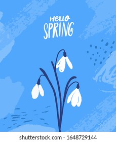 Tree snowdrops. Hand drawn first spring flowers on blue background with abstract strokes. Hello spring card vector design.