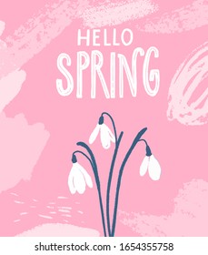 Tree snowdrops. Hand drawn first spring flowers on blue background with abstract strokes. Hello spring card vector design.