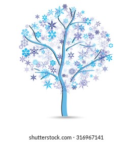 Tree with snowflakes instead of leaves on the white background