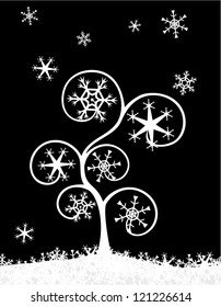 Tree and snowflakes on black background