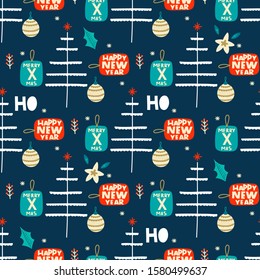 Tree and snowflakes vector pattern background doodle, Scandinavian hand drawn illustration. 