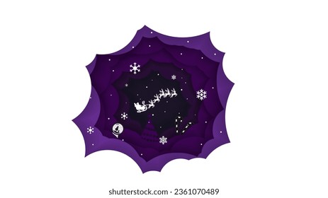 tree and snowflake.Santa Riding In Sledge With Reindeer.Abstract background paper in purple and white. A4 abstract color 3d paper art illustration set. Vector. snow-filled. Illusion of depth. Eps10.