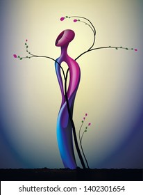 tree soul in the spring time, woman shape tree in blossom, spring dream icon concept, surrealism, vector