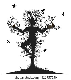 tree soul,spirit of the forest, , birds return to the alive tree, tree man, black and white, shadows