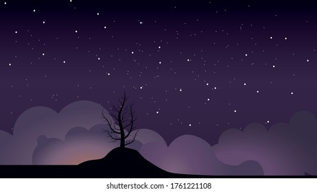 Tree in space with stars and clouds.