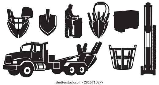 Tree Spade Truck Vector Silhouette Bundle - Transplanter Machinery Icon Pack - Landscaping Arborist Nursery Equipment Template Collection

If you want to create professional marketing layouts or branding assets for commercial nurseries and arboriculture specialists, this comprehensive collection of tree moving machinery silhouettes provides the ultimate setup for your portfolio. We have organized this extensive selection around large root ball digging, vegetation relocation, and forestry planting operations, featuring solid black shapes of truck-mounted spade assemblies, loader attachments, wire baskets, hydraulic control levers, and transport trailers. The visual arrangement also integrates essential care tools including skid steers, toolboxes, crossed shovels, burlap wraps, and operator silhouettes.

Every single mechanical outline and field tool contour in this compilation is structured with sharp paths to guarantee high resolution rendering. It works seamlessly as an adaptable asset for print shops building clean commercial logos, custom uniform graphics, service vehicle decals, or workshop merchandise without node errors.