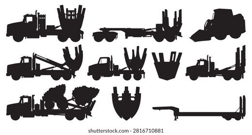 Tree Spade Truck Vector Silhouette Bundle - Transplanter Machinery Icon Pack - Landscaping Arborist Nursery Equipment Template Collection

If you want to create professional marketing layouts or branding assets for commercial nurseries and arboriculture specialists, this comprehensive collection of tree moving machinery silhouettes provides the ultimate setup for your portfolio. We have organized this extensive selection around large root ball digging, vegetation relocation, and forestry planting operations, featuring solid black shapes of truck-mounted spade assemblies, loader attachments, wire baskets, hydraulic control levers, and transport trailers. The visual arrangement also integrates essential care tools including skid steers, toolboxes, crossed shovels, burlap wraps, and operator silhouettes.

Every single mechanical outline and field tool contour in this compilation is structured with sharp paths to guarantee high resolution rendering. It works seamlessly as an adaptable asset for print shops building clean commercial logos, custom uniform graphics, service vehicle decals, or workshop merchandise without node errors.
