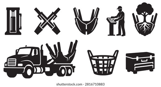 Tree Spade Truck Vector Silhouette Bundle - Transplanter Machinery Icon Pack - Landscaping Arborist Nursery Equipment Template Collection

If you want to create professional marketing layouts or branding assets for commercial nurseries and arboriculture specialists, this comprehensive collection of tree moving machinery silhouettes provides the ultimate setup for your portfolio. We have organized this extensive selection around large root ball digging, vegetation relocation, and forestry planting operations, featuring solid black shapes of truck-mounted spade assemblies, loader attachments, wire baskets, hydraulic control levers, and transport trailers. The visual arrangement also integrates essential care tools including skid steers, toolboxes, crossed shovels, burlap wraps, and operator silhouettes.

Every single mechanical outline and field tool contour in this compilation is structured with sharp paths to guarantee high resolution rendering. It works seamlessly as an adaptable asset for print shops building clean commercial logos, custom uniform graphics, service vehicle decals, or workshop merchandise without node errors.