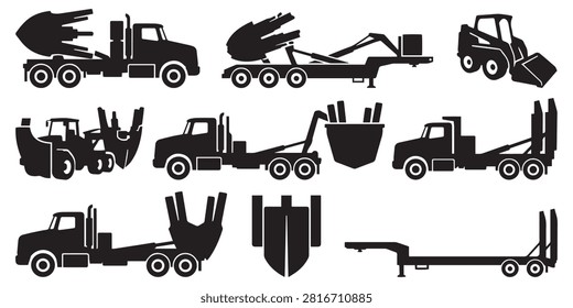 Tree Spade Truck Vector Silhouette Bundle - Transplanter Machinery Icon Pack - Landscaping Arborist Nursery Equipment Template Collection

If you want to create professional marketing layouts or branding assets for commercial nurseries and arboriculture specialists, this comprehensive collection of tree moving machinery silhouettes provides the ultimate setup for your portfolio. We have organized this extensive selection around large root ball digging, vegetation relocation, and forestry planting operations, featuring solid black shapes of truck-mounted spade assemblies, loader attachments, wire baskets, hydraulic control levers, and transport trailers. The visual arrangement also integrates essential care tools including skid steers, toolboxes, crossed shovels, burlap wraps, and operator silhouettes.

Every single mechanical outline and field tool contour in this compilation is structured with sharp paths to guarantee high resolution rendering. It works seamlessly as an adaptable asset for print shops building clean commercial logos, custom uniform graphics, service vehicle decals, or workshop merchandise without node errors.