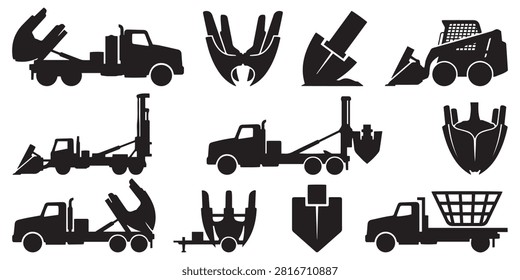 Tree Spade Truck Vector Silhouette Bundle - Transplanter Machinery Icon Pack - Landscaping Arborist Nursery Equipment Template Collection

If you want to create professional marketing layouts or branding assets for commercial nurseries and arboriculture specialists, this comprehensive collection of tree moving machinery silhouettes provides the ultimate setup for your portfolio. We have organized this extensive selection around large root ball digging, vegetation relocation, and forestry planting operations, featuring solid black shapes of truck-mounted spade assemblies, loader attachments, wire baskets, hydraulic control levers, and transport trailers. The visual arrangement also integrates essential care tools including skid steers, toolboxes, crossed shovels, burlap wraps, and operator silhouettes.

Every single mechanical outline and field tool contour in this compilation is structured with sharp paths to guarantee high resolution rendering. It works seamlessly as an adaptable asset for print shops building clean commercial logos, custom uniform graphics, service vehicle decals, or workshop merchandise without node errors.