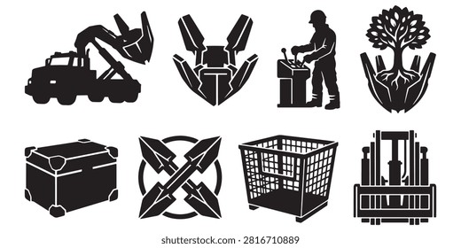 Tree Spade Truck Vector Silhouette Bundle - Transplanter Machinery Icon Pack - Landscaping Arborist Nursery Equipment Template Collection

If you want to create professional marketing layouts or branding assets for commercial nurseries and arboriculture specialists, this comprehensive collection of tree moving machinery silhouettes provides the ultimate setup for your portfolio. We have organized this extensive selection around large root ball digging, vegetation relocation, and forestry planting operations, featuring solid black shapes of truck-mounted spade assemblies, loader attachments, wire baskets, hydraulic control levers, and transport trailers. The visual arrangement also integrates essential care tools including skid steers, toolboxes, crossed shovels, burlap wraps, and operator silhouettes.

Every single mechanical outline and field tool contour in this compilation is structured with sharp paths to guarantee high resolution rendering. It works seamlessly as an adaptable asset for print shops building clean commercial logos, custom uniform graphics, service vehicle decals, or workshop merchandise without node errors.