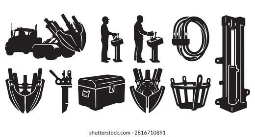 Tree Spade Truck Vector Silhouette Bundle - Transplanter Machinery Icon Pack - Landscaping Arborist Nursery Equipment Template Collection

If you want to create professional marketing layouts or branding assets for commercial nurseries and arboriculture specialists, this comprehensive collection of tree moving machinery silhouettes provides the ultimate setup for your portfolio. We have organized this extensive selection around large root ball digging, vegetation relocation, and forestry planting operations, featuring solid black shapes of truck-mounted spade assemblies, loader attachments, wire baskets, hydraulic control levers, and transport trailers. The visual arrangement also integrates essential care tools including skid steers, toolboxes, crossed shovels, burlap wraps, and operator silhouettes.

Every single mechanical outline and field tool contour in this compilation is structured with sharp paths to guarantee high resolution rendering. It works seamlessly as an adaptable asset for print shops building clean commercial logos, custom uniform graphics, service vehicle decals, or workshop merchandise without node errors.