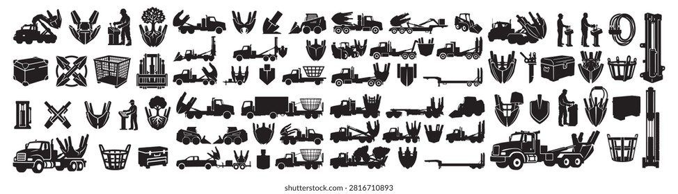 Tree Spade Truck Vector Silhouette Bundle - Transplanter Machinery Icon Pack - Landscaping Arborist Nursery Equipment Template Collection

If you want to create professional marketing layouts or branding assets for commercial nurseries and arboriculture specialists, this comprehensive collection of tree moving machinery silhouettes provides the ultimate setup for your portfolio. We have organized this extensive selection around large root ball digging, vegetation relocation, and forestry planting operations, featuring solid black shapes of truck-mounted spade assemblies, loader attachments, wire baskets, hydraulic control levers, and transport trailers. The visual arrangement also integrates essential care tools including skid steers, toolboxes, crossed shovels, burlap wraps, and operator silhouettes.

Every single mechanical outline and field tool contour in this compilation is structured with sharp paths to guarantee high resolution rendering. It works seamlessly as an adaptable asset for print shops building clean commercial logos, custom uniform graphics, service vehicle decals, or workshop merchandise without node errors.