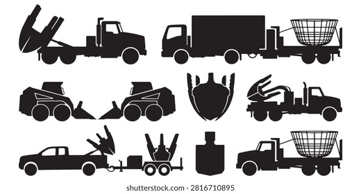 Tree Spade Truck Vector Silhouette Bundle - Transplanter Machinery Icon Pack - Landscaping Arborist Nursery Equipment Template Collection

If you want to create professional marketing layouts or branding assets for commercial nurseries and arboriculture specialists, this comprehensive collection of tree moving machinery silhouettes provides the ultimate setup for your portfolio. We have organized this extensive selection around large root ball digging, vegetation relocation, and forestry planting operations, featuring solid black shapes of truck-mounted spade assemblies, loader attachments, wire baskets, hydraulic control levers, and transport trailers. The visual arrangement also integrates essential care tools including skid steers, toolboxes, crossed shovels, burlap wraps, and operator silhouettes.

Every single mechanical outline and field tool contour in this compilation is structured with sharp paths to guarantee high resolution rendering. It works seamlessly as an adaptable asset for print shops building clean commercial logos, custom uniform graphics, service vehicle decals, or workshop merchandise without node errors.