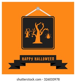 Tree with spider net icon. Black Happy Halloween Ribbon Banner on Orange background. Vector illustration