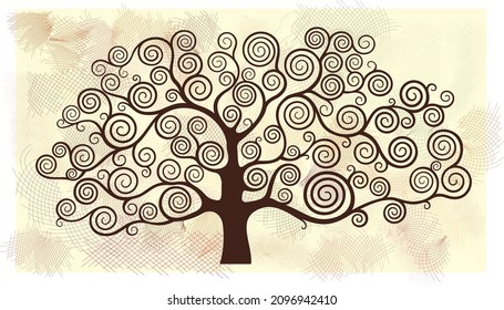 A tree with spiral branches and a background shaded with different colors