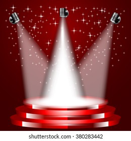 Tree Spotlights on Stage Red Background 3D Vector