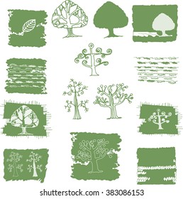 Tree and spots. Vector hand drawing background. Collection of ecology design elements.