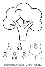 Árvore com ramos espalhados, seis figuras diversas representando a comunidade, e uma cintura com uma fita métrica simbolizando a aptidão. Ideal para o bem-estar, natureza, ecologia, unidade, saúde, diversidade