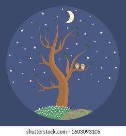 The tree is in spring night against the starry sky.