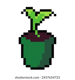 Baum sprießt auf einem grünen Topf, Pixel Art Icon, isoliert