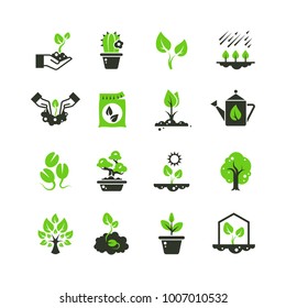 Tree Sprout And Plants Vector Icons. Seedling And Hand Planting Pictograms. Seedling And Growth Tree, Gardening And Growing Illustration