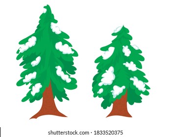 tree and spruce in the snow on a white background. doodles isolates. set. Christmas tree for print, decoration of a postcard, gift, sticker. winter forest. vector