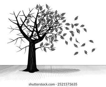 A tree standing alone on a stage, with leaves flying away from the wind. Vintage black and white engraved drawing. Vector illustration