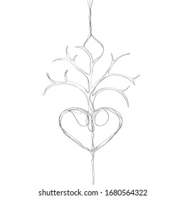 A tree stands on a heart. Vector illustration of a tree without leaves, which has a heart instead of a root. Tree silhouette made of black woven lines.