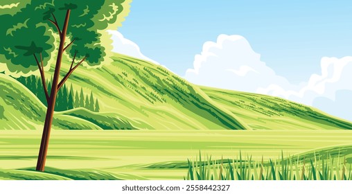 A tree stands tall in a stretch of green field with rolling hills in the background.