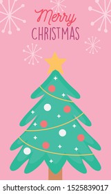 tree star balls garland snowflake decoration merry christmas card vector illustration