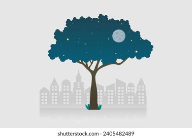 A tree with starry night sky and city in background. Vector illustration.