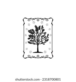 tree with stars all around in a rectangular frame illustration  design. tree vintage illustration logo design