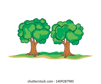 Tree and stem cartoon drawing vector illustration design with fresh green leaves and grass