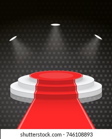 Tree step podium with red carpet and light effect