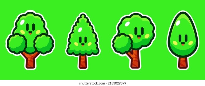 Tree Sticker Cute cartoon with funny kawaii faces. vector illustration set.