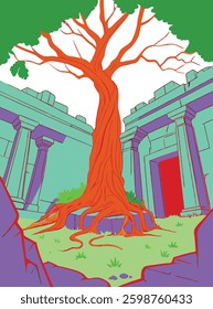 Tree with stone pillars Vector Art.