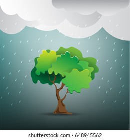  Tree in the storm & rain with Cloud background,vector illustration